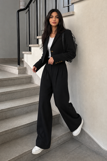 Parien Black Crop Blazer & Pants Two Piece