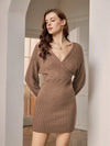 Solid Wrap Detail Ribbed Knit Sweater Dress Without Belt