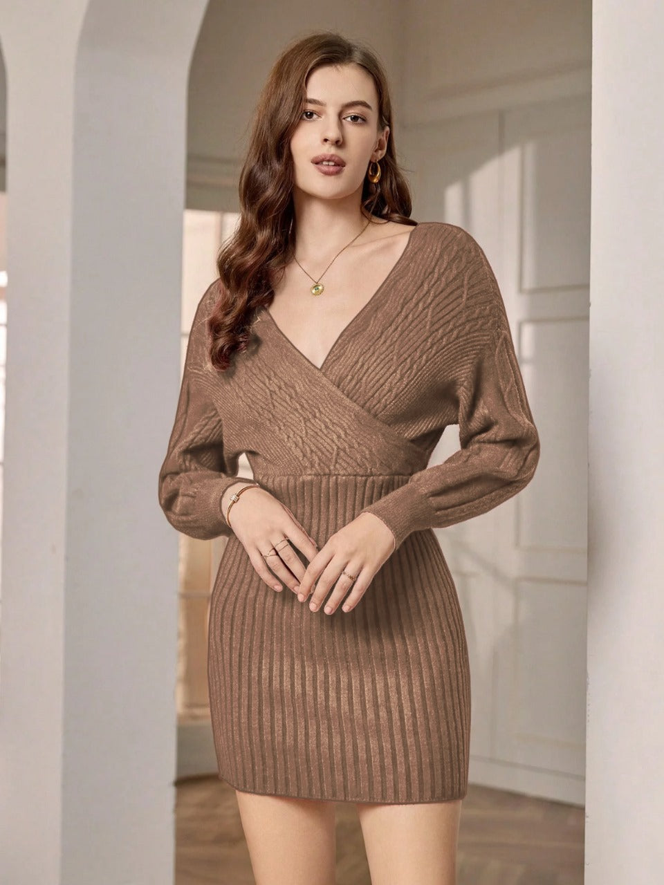 Solid Wrap Detail Ribbed Knit Sweater Dress Without Belt