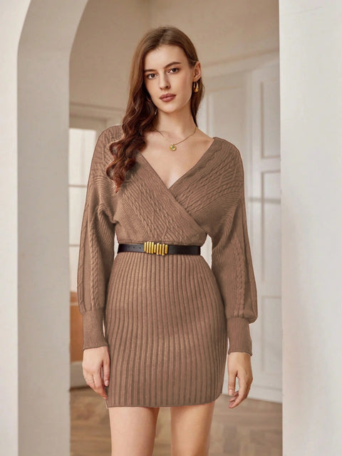 Solid Wrap Detail Ribbed Knit Sweater Dress Without Belt