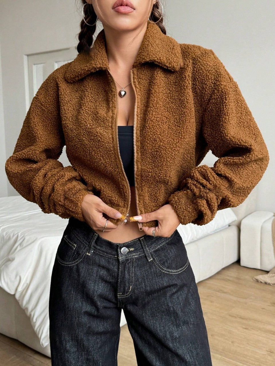 Solid Color Minimalist Casual Long Sleeve Fleece Jacket