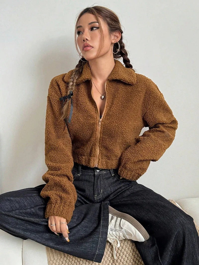 Solid Color Minimalist Casual Long Sleeve Fleece Jacket