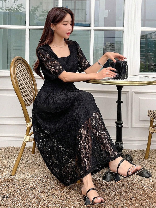 Square Neck Puff Sleeve Lace Overlay Dress