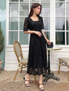 Square Neck Puff Sleeve Lace Overlay Dress