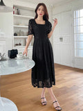 Square Neck Puff Sleeve Lace Overlay Dress