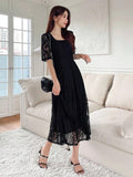 Square Neck Puff Sleeve Lace Overlay Dress