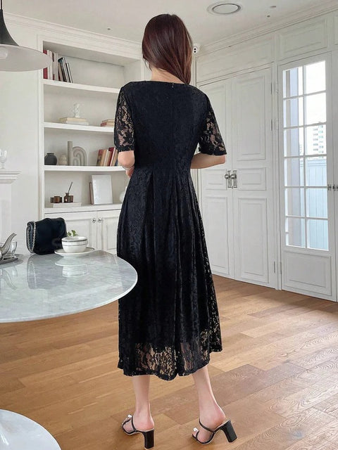 Square Neck Puff Sleeve Lace Overlay Dress