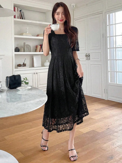 Square Neck Puff Sleeve Lace Overlay Dress