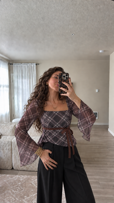 Parien Cocoa Plaid Square-Neck Top