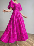 Square Neck Pleated Front Flare Hem Puff Sleeve Dress
