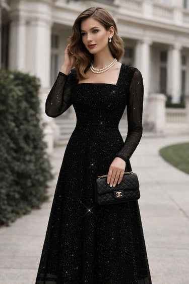 Square Neck Ruffle Waist A-Line Long Sleeve Sparkly Dress