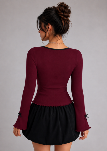 Square neck ribbon tie-up front Top