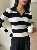 Striped Pattern Ribbed Knit Sweater