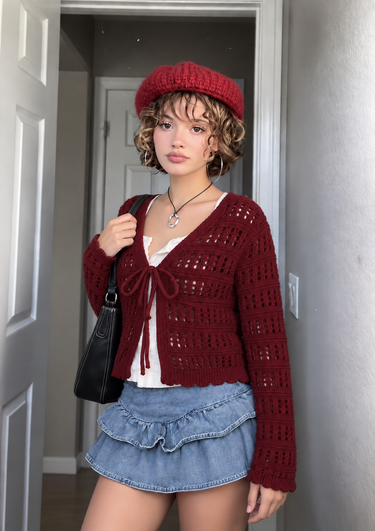 Parien Burgundy Crochet Tie-Front Cardigan