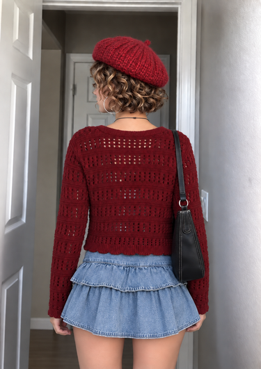 Parien Burgundy Crochet Tie-Front Cardigan