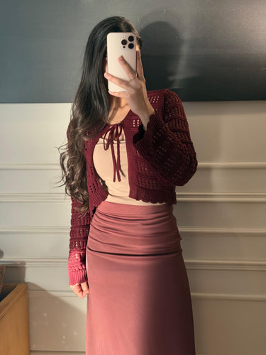 Parien Burgundy Crochet Tie-Front Cardigan