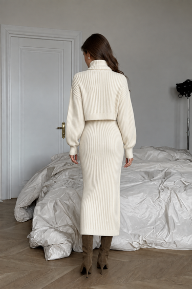 Turtleneck Drop Shoulder Sweater & Knit Skirt