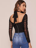 Tie Back Cut-out Ruched Mesh Sleeve Crop Top