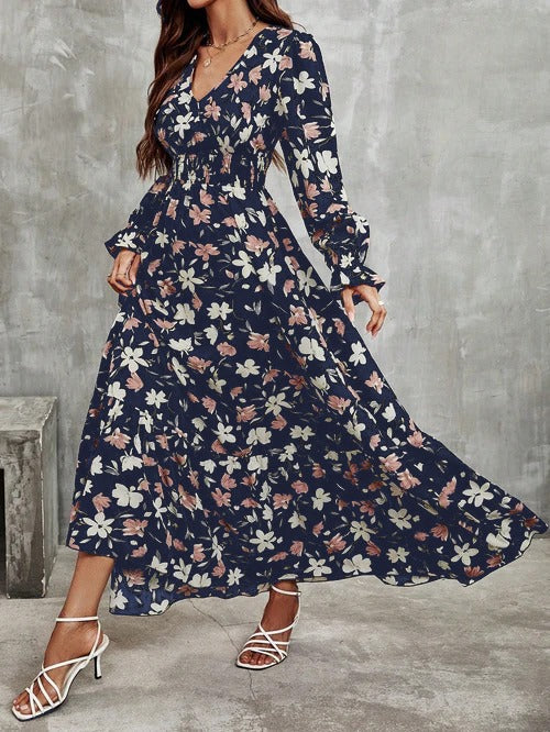 Parien Ditsy Floral Print Flounce Sleeve Ruffle Hem Dress