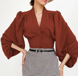 V Neck Button Up Crops Blouse(Clearance Sale)