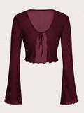 Wine Lettuce Trim Trumpet Sleeve Mesh outwear Top