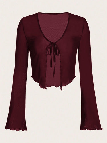 Wine Lettuce Trim Trumpet Sleeve Mesh outwear Top