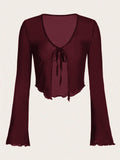 Wine Lettuce Trim Trumpet Sleeve Mesh outwear Top