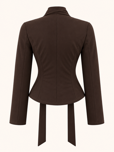 Chocolate Brown Button V-Neck Long Sleeve Fitted Neck Tie Top