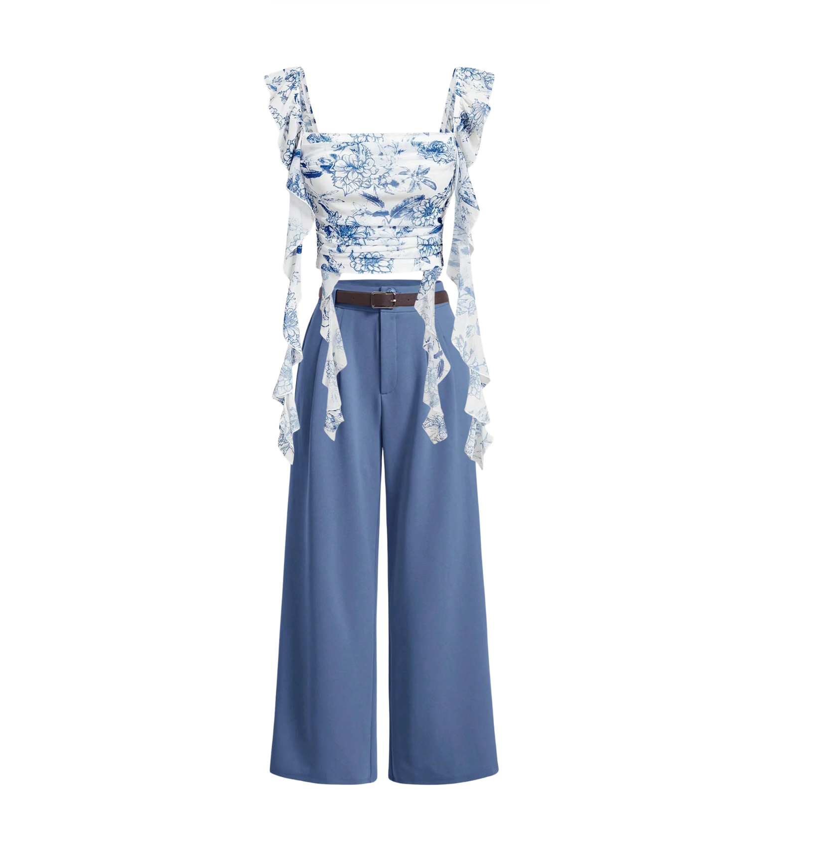 Blue & White Floral Ruffled Trim Crop Top and Pleated Wide Leg Loose Elegant Commuting Pants