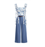 Blue & White Floral Ruffled Trim Crop Top and Pleated Wide Leg Loose Elegant Commuting Pants