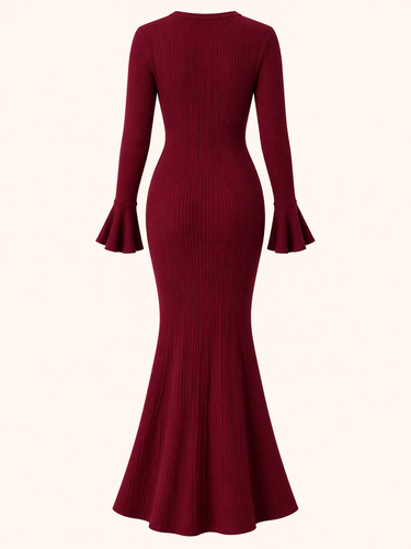 RIBBED KNIT FLARE SLEEVE MERMAID HEM KNIT DRESS