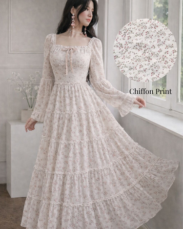 Parien Frilled Ditsy Floral Flared Chiffon Dress