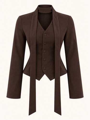 Chocolate Brown Button V-Neck Long Sleeve Fitted Neck Tie Top