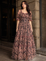 Parien Ruffle Lace Tie Neck Flocked Brown Maxi Dress