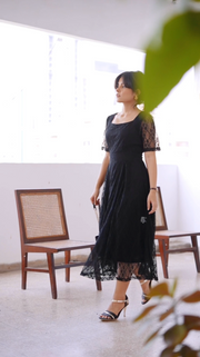 Square Neck Puff Sleeve Lace Overlay Dress