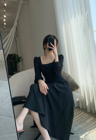 Long Sleeve Square Neck Fit & Flare Midi Dress(Non-Stretch)
