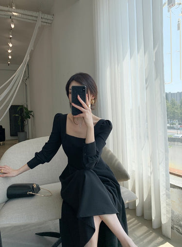 Long Sleeve Square Neck Fit & Flare Midi Dress(Non-Stretch)