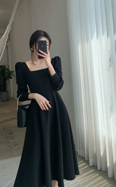Long Sleeve Square Neck Fit & Flare Midi Dress(Non-Stretch)