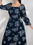 Navy Square Neck Printed Trim Long Sleeve Dress(Clearance Sale)