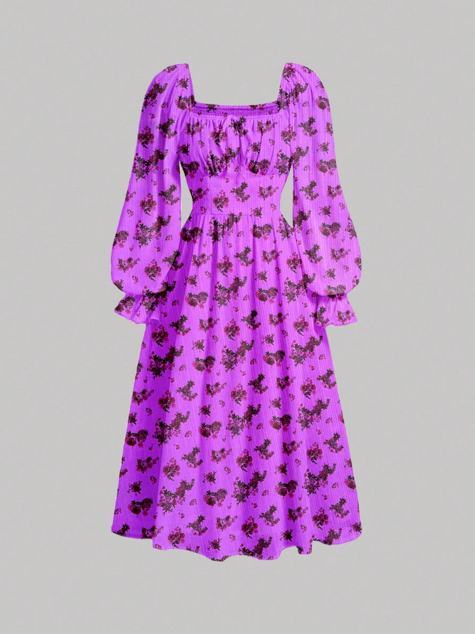 Parien Purple Floral Square Neck Flare Sleeve Long Dress
