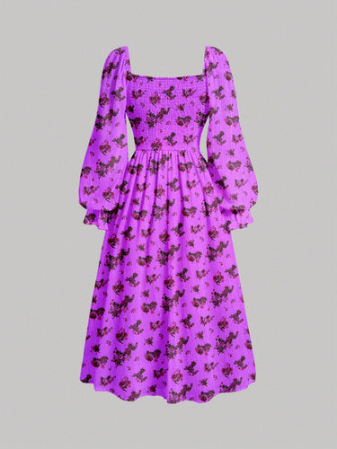 Parien Purple Floral Square Neck Flare Sleeve Long Dress