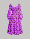 Parien Purple Floral Square Neck Flare Sleeve Long Dress