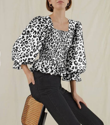 Parien Leopard Shirred Flounce Sleeve Blouse( CLEARANCE SALE)