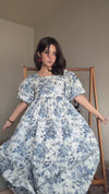 Parien Breezy Azure Floral Scoop Neck Puff Sleeve Dress