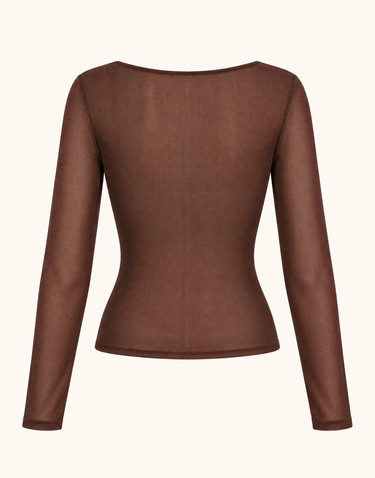 Brown Rhinestone Cowl-Neck Rhinestone Mesh Top
