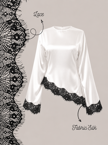 Parien Lace Patchwork Round Neck Long Sleeve Tie Waist Top