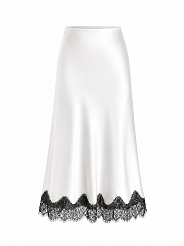 Parien White Silk High Rise Lace Panel Skirt
