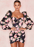 Parien Floral Puff Sleeve Button Irregular Sheath Dress