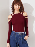 Ribbed Knit Strappy Cold Shoulder Slim Fit T-shirt( CLEARANCE SALE