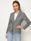 Lapel Collar Button Front Plaid Belted Blazer